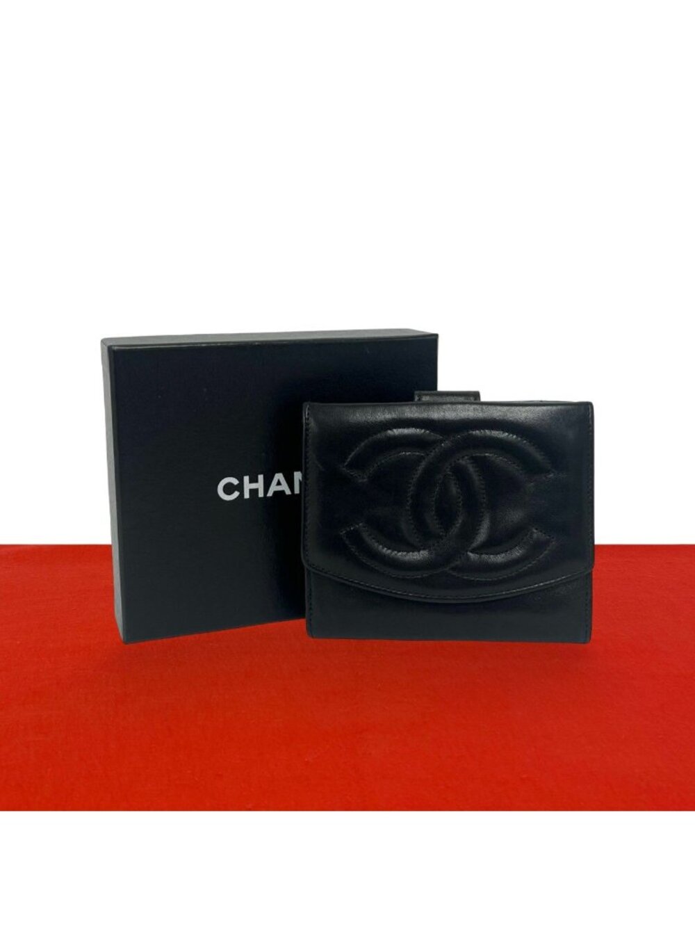 Chanel Vintage Jumbo CC Logo Lambskin Bifold Wallet Mini Card Case Black
